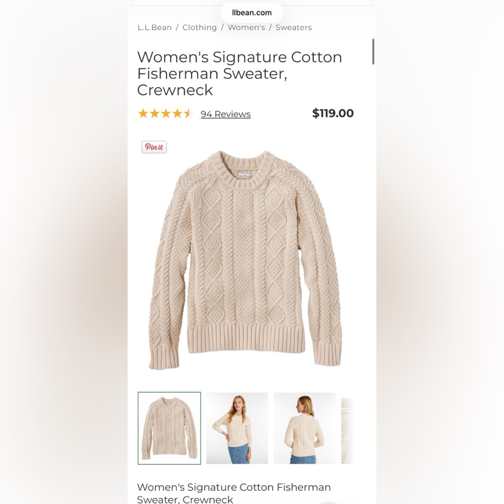 L.L Bean Signature Cable Knit Cotton Fisherman Sweater Crewneck - Cream